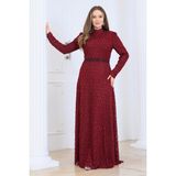 Elben Moda Lina Tesettür Abiye Elbise Dantel Kumaş Eteği Kuyruk ve Beli Taş Detaylı - Bordo - 42