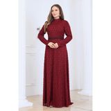 Elben Moda Lina Tesettür Abiye Elbise Dantel Kumaş Eteği Kuyruk ve Beli Taş Detaylı - Bordo - 54