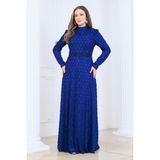 Elben Moda Lina Tesettür Abiye Elbise Dantel Kumaş Eteği Kuyruk ve Beli Taş Detaylı - İndigo - 48