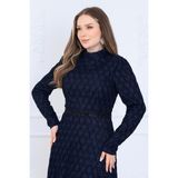 Elben Moda Lina Tesettür Abiye Elbise Dantel Kumaş Eteği Kuyruk ve Beli Taş Detaylı - Lacivert - 44