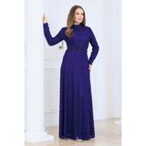 Elben Moda Lina Tesettür Abiye Elbise Dantel Kumaş Eteği Kuyruk ve Beli Taş Detaylı - Mor - 48