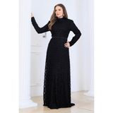 Elben Moda Lina Tesettür Abiye Elbise Dantel Kumaş Eteği Kuyruk ve Beli Taş Detaylı - Siyah - 46