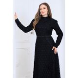 Elben Moda Lina Tesettür Abiye Elbise Dantel Kumaş Eteği Kuyruk ve Beli Taş Detaylı - Siyah - 52