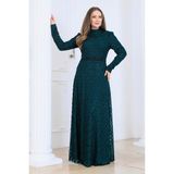 Elben Moda Lina Tesettür Abiye Elbise Dantel Kumaş Eteği Kuyruk ve Beli Taş Detaylı - Yeşil - 52