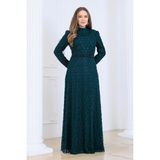 Elben Moda Lina Tesettür Abiye Elbise Dantel Kumaş Eteği Kuyruk ve Beli Taş Detaylı - Yeşil - 54