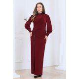 Elbenmoda Eleni Taş Detaylı Şık ve Zarif Tesettür Abiye Elbise - Bordo - 40