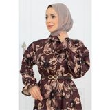 ELBİSHE ÇİÇEK DESENLİ KEMER DETAYLI KIŞLIK TESETTÜR ELBİSE