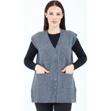 Elçelya Moda Kadın Gri V Yaka Düğmeli Cepli Örgü Yün Anne Triko Yelek - 2XL