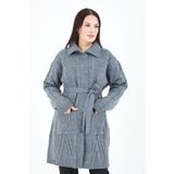 Elçelya Moda Kadın Gri Yakalı Düğmeli Cepli Kuşaklı Örme Triko Yün Uzun Hırka