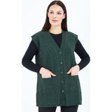 Elçelya Moda Kadın Haki Yeşil V Yaka Düğmeli Cepli Örgü Yün Anne Triko Yelek - 2XL