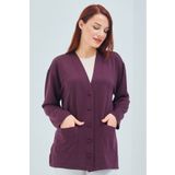 Elçelya Moda Kadın Mürdüm Mevsimlik Cepli Düğmeli Kısa Penye Hırka