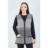 Elçelya Moda Kadın Siyah Beyaz Desenli Triko Düğmeli Cepli Kışlık Anne Yeleği