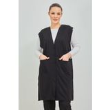 Elçelya Moda Kadın Siyah Uzun Cepli Düğmeli Penye Anne Büyük Beden Tunik Yelek