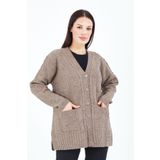 Elçelya Moda Kadın V Yaka Vizon Düğmeli Cepli Örgü Yün Anne Triko Kısa Hırka