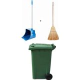 Elcy 1 Adet Yeşil Plastik Çöp Konteyneri 240 Lt Isıya Karşı Dayanıklı Çöpçü Faraş Takımlı