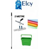 Elcy-Cam Temizlik Seti 2 Metre Teleskopik Uzayabilen Metal Sap-35 cm Cam Çekçeği ve 2 Adet Peluş-Bez - Yeşil