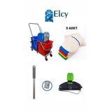 ELCY Çift Kovalı Krom Araba Paspas Temizlik Arabası Çelik Pressli 5 Adet Moplu A-KALİTE