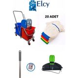 Elcy Çift Kovalı Krom Temizlik Arabası Paspas Arabası Sap Mop Aparat (Çelik Pressli) 20 Adet Islak Mop - Renkli