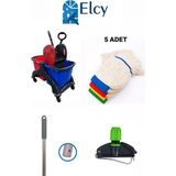 Elcy Çift Kovalı Plastik Temizlik Arabası Paspas Arabası Islak Mop Seti 5 Adet Islak Mop - Renkli