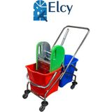 Elcy Çift Kovalı Temizlik Arabası Krom Gövdeli Çelik Pressli Paspas Arabası Seti - Mavi