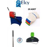 Elcy Tek Kovalı Plastik Temizlik Arabası ve Paspas Arabası Temizlik Seti Plastik -20 Adet Islak Mop - Renkli