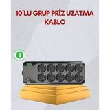 Eldenör 10 Prizli Uzatma Kablosu Termal Koruma USB Type-C Hızlı Şarj 2500W