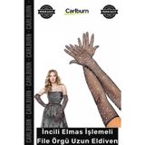 #Eldiven Şık İddialı Zarif Likralı Uzun Siyah Renk İncili Elmas İşlemeli File Örgü Uzun Eldiven