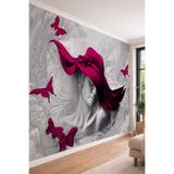 Elegance Pembe Şapkalı Kadın ve Kelebek Desenli Tekstil Duvar Kağıdı, 200 x 100