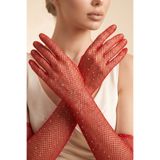 Elegance Scarf Kırmızı Uzun File Taşlı Eldiven Abiye Davet Parti Ve Özel Günler İçin