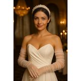 Elegance Scarf Uzun Beyaz Tül Gelinlik Eldiveni Nikah Eldiveni İmza Eldiveni Parti Eldiveni 6021 - 90 cm - Kırık Beyaz