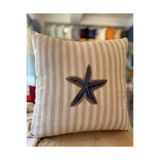 Elegancembroidery Deniz Yıldızı Nakışlı Kırlent Kılıfı, Çizgili Keten Kumaş Nakışlı Kırlent Kılıfı