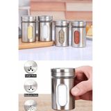 Elegancev Paslanmaz Çelik Kaplama Mini Cam Baharatlık Seti - Tuzluk -Karabiberlik 4 Adet - Gri - 80 ml