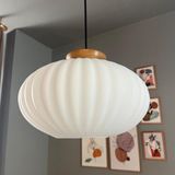 Elegant Beyaz Cam Tekli Avize Ahşap Tabak Başlık Sarkıt Lamba Restoran Salon Aydınlatma