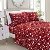 Elegant Comfort Lüks Yumuşak Yatak Çarşafları Tatil Deseni 1500 İplik Sayısı Perkal Mısır Kalitesi Yumuşaklık Kırışma ve Solmaya Karşı Dayanıklı (4 Parça) Yatak Seti, İkiz, Şarap Rengeyiği