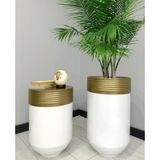 Elegant Dekoratif Eskitme Darbuka Parlak Beyaz Saksi 70Cm + Sehpa 60Cm Ikili Set
