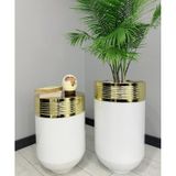 Elegant Dekoratif Gold Darbuka Parlak Beyaz Saksi 70Cm + 60Cm Sehpa Ikili Set