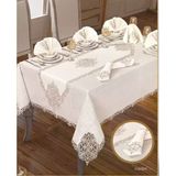 Elegant Linen Krem-Gümüş 12 Kişilik 26 Parça 160 × 260 Cm Runner Premium Sofra Masa Takımı