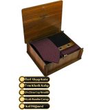 Elegante Cravatte Ahşap Kutulu Micro Desen Bordo Kravat - Cep Mendili - Kol Düğmesi - Çorap Seti