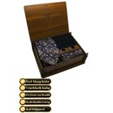 Elegante Cravatte Ahşap Kutulu Şal Desen Kravat - Cep Mendili - Kol Düğmesi - Çorap Seti