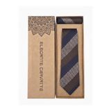 Elegante Cravatte Kahve Lacivert Çizgili Dokulu 7 cm Kravat ve Cep Mendili Özel Kutulu Hediyelik Set