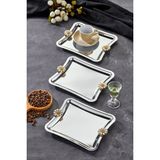 Elegante Square Serisi, Duo Bella Flora Kulp Desenli Krom Sunum Söz Nişan Tepsisi, 22X16CM, 3 Adet