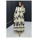 ELEGANTSTİL VİSKON KUMAŞ BOL KALIP KREM TESETTÜR ELBİSE ETNİK DESENLİ