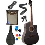 Elektro Akustik Gitar Full Set Washburn-Gitar-Kılıf-Amfi-Kablo-Pena-Kapo-Tuner - siyah