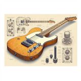 Elektro Gitar Teknik Çizimi Hediyelik Ahşap Tablo 25cmX 35cm