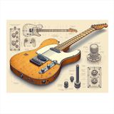 Elektro Gitar Teknik Çizimi Hediyelik Ahşap Tablo 50cmX 70cm