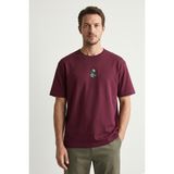 Elemge %100 Pamuk Compact Penye Süprem Bordo Timsah Nakışlı Trend Fit Erkek Tok Kumaş T-Shirt Rahat Kesim