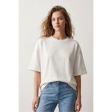 Elemge %100 Pamuk Süprem Bol Kesim Boxy Fit Kadın T-Shirt Oversize Ekru Düşük Omuz Bisiklet Yaka Tişört