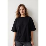 Elemge %100 Pamuk Süprem Bol Kesim Boxy Fit Kadın T-Shirt Oversize Siyah Düşük Omuz Bisiklet Yaka Tişört