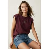 elemge %100 Pamuk Süprem Tok Kumaş Kadın Oversize Bordo T-Shirt Geniş Omuzlu Dökümlü Kolsuz Bol Kalıp Basic Tişört