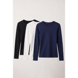 Elemge 3'lü Paket %95Pamuk %5Likra Vücuda Oturan Magic Fit Stretch Uzun Kollu Kadın T-Shirt Compact Penye Süprem Esnek Basic Tişört Siyah Beyaz Lacivert Elastan Bluz